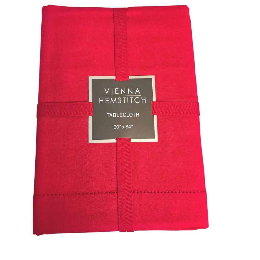 Vienna Hemstitch Red Tablecloth 100% Cotton Rectangle 60 x 84 Holiday Dining NWT